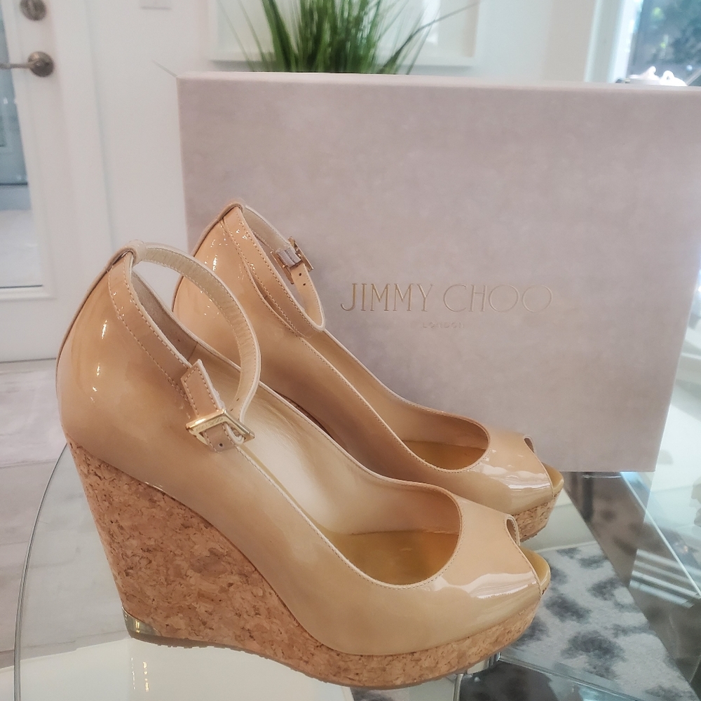 Jimmy Choo patent platform wedge heels nude tan size 37